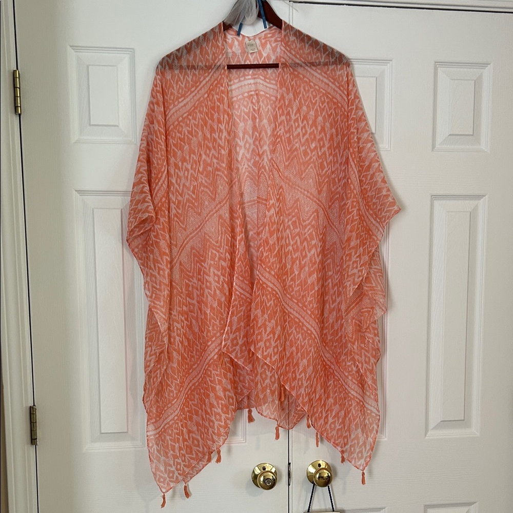 Lightweight Coral Ikat Print Kimono Cover-Up